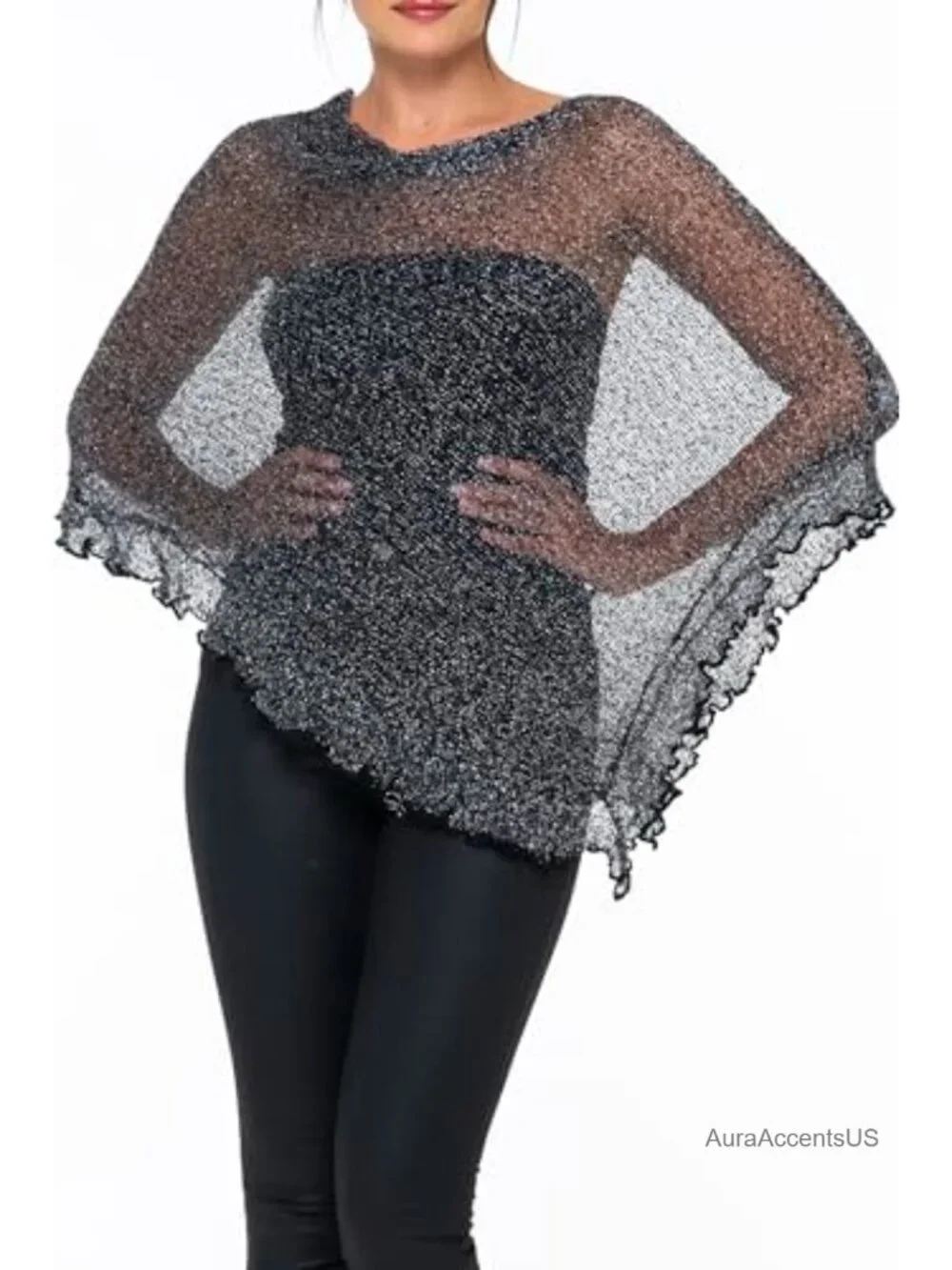 Sheer Knit Poncho Shrug Lightweight Ruffle Wrap Shawl Cover Up